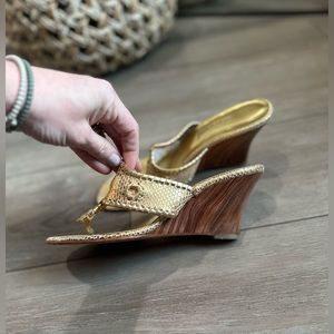 Jack Rogers Gold and Wood Wedge Sandals - Women’s Size 9